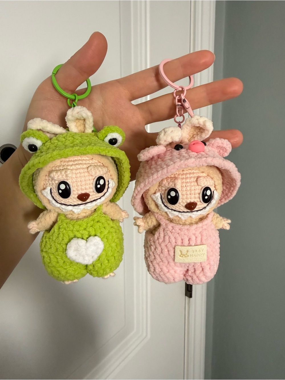 Handmade Crochet Labubu.Pink & Green Frog Plush Keychain. Stuffed Animal Charm